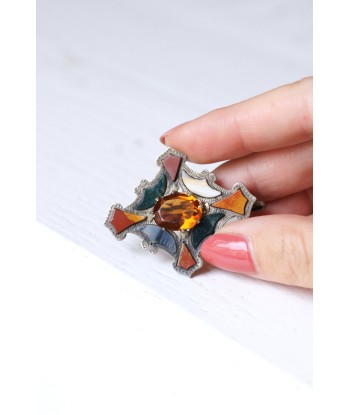 Broche losange Ecossaise ancienne en argent, jaspe, et agate une grave pollution 