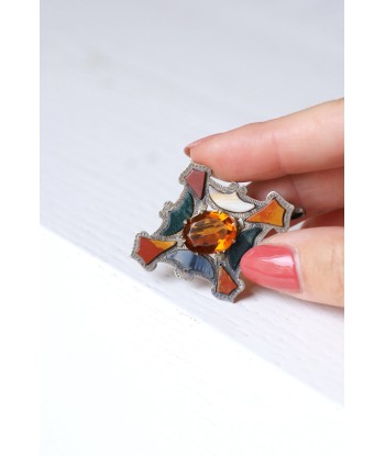 Broche losange Ecossaise ancienne en argent, jaspe, et agate une grave pollution 