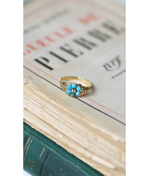 Bague fleur ancienne turquoises et diamant une grave pollution 