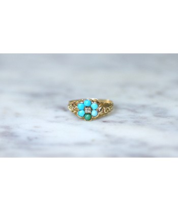 Bague fleur ancienne turquoises et diamant une grave pollution 