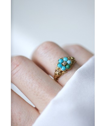 Bague fleur ancienne turquoises et diamant une grave pollution 