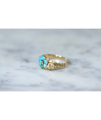 Bague fleur ancienne turquoises et diamant une grave pollution 