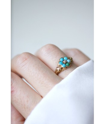 Bague fleur ancienne turquoises et diamant une grave pollution 