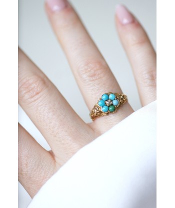 Bague fleur ancienne turquoises et diamant une grave pollution 