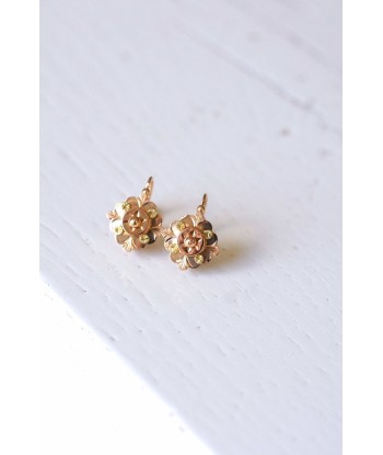 Boucles d'oreilles fleurs dormeuses anciennes en or rose et jaune destockage