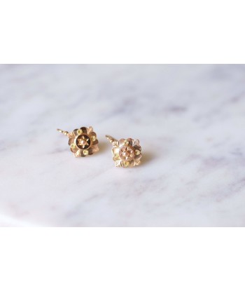 Boucles d'oreilles fleurs dormeuses anciennes en or rose et jaune destockage