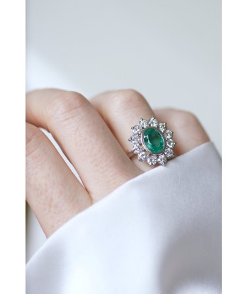 Bague marguerite Emeraude 1.60 Cts et diamants pas cheres