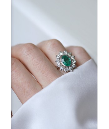 Bague marguerite Emeraude 1.60 Cts et diamants pas cheres