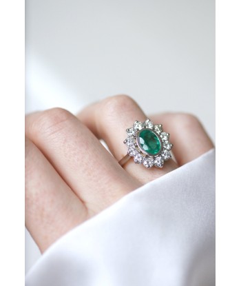 Bague marguerite Emeraude 1.60 Cts et diamants pas cheres