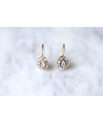 Boucles d'oreilles anciennes dormeuses gouttes or rose 14Kt et diamants taillés en rose meilleur choix