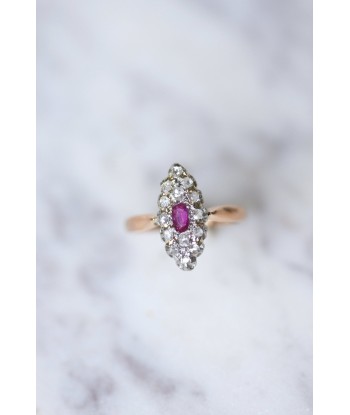 Bague marquise Belle Epoque rubis entourage diamants sur or et platine Venez acheter