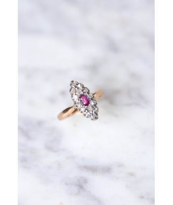 Bague marquise Belle Epoque rubis entourage diamants sur or et platine Venez acheter