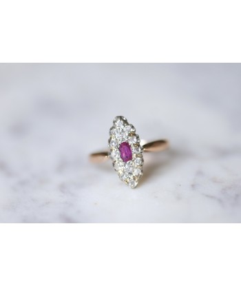 Bague marquise Belle Epoque rubis entourage diamants sur or et platine Venez acheter