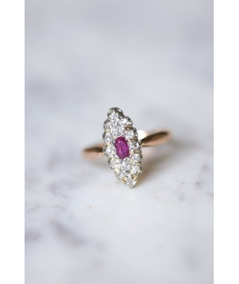 Bague marquise Belle Epoque rubis entourage diamants sur or et platine Venez acheter