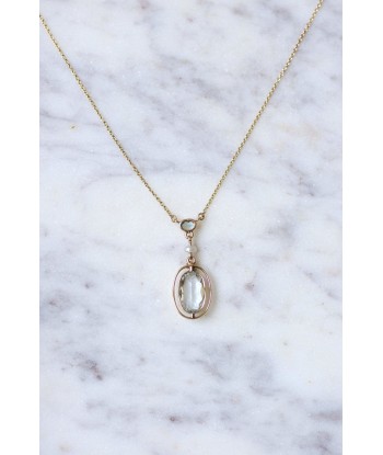 Collier pendentif Edouardien ancien en or rose 14Kt, aigue-marine, et perle une grave pollution 