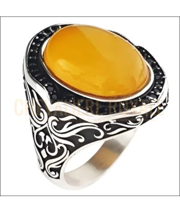 Chevalière homme pierre naturelle agate jaune et zircone shop