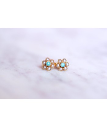 Boucles d'oreilles fleurs vintage en or, perles, et turquoises vente chaude votre 