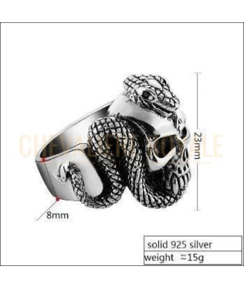 Chevalière homme en argent tète de mort et serpent style gothique Toutes les collections ici