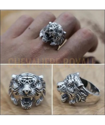 Chevalière homme en argent tête de tigre taille ajustable totem des créatures d'habitude