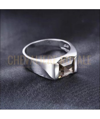 Chevalière homme argent pierre cristal quartz fumé en carrée de technologie