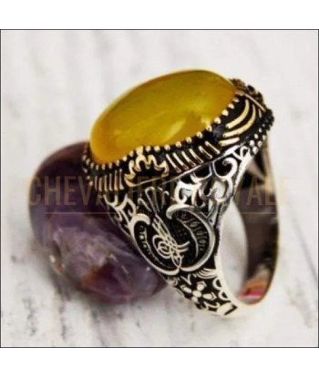 Chevalière homme artisanale argent pierre agate calligraphe ottoman plus qu'un jeu 