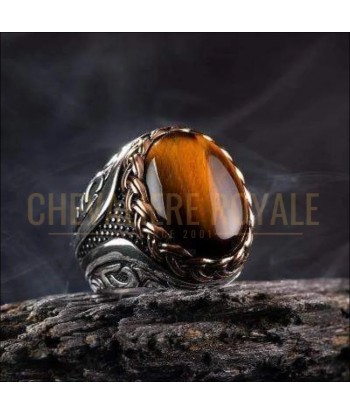 Chevalière homme artisanale argent œil de tigre entouré de chaînes Livraison rapide