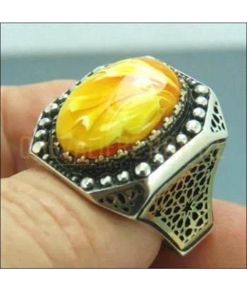 Chevalière pour homme en argent ottoman pierre ambre jaune vente chaude votre 