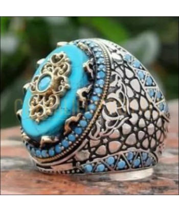 Chevalière homme argent turquoise travaillée de façon artisanale pas cheres