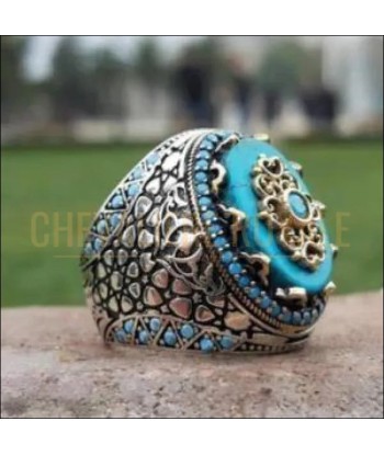 Chevalière homme argent turquoise travaillée de façon artisanale pas cheres