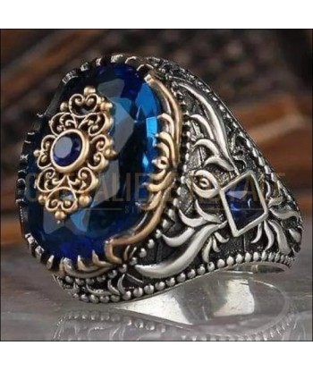 Chevalière homme argent artisanale pierre précieuse topaze bleue de pas cher