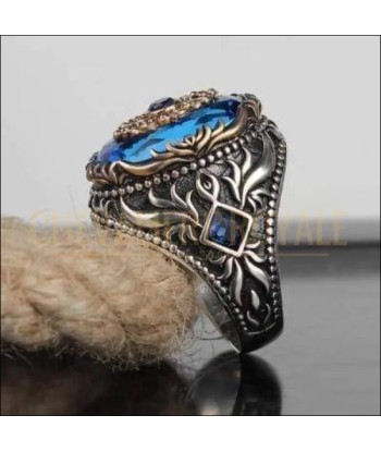 Chevalière homme argent artisanale pierre précieuse topaze bleue de pas cher