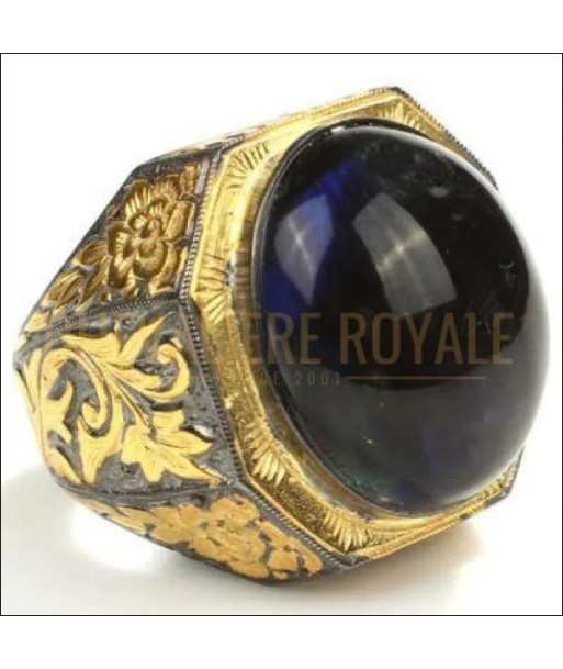 Chevalière homme argent artisanale pierre saphir synt. plaqué or est présent 