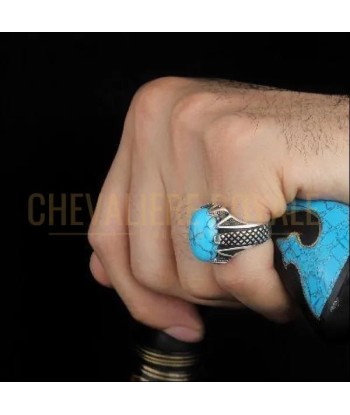 Chevalière homme argent pierre turquoise frappante et exclusive pas cheres