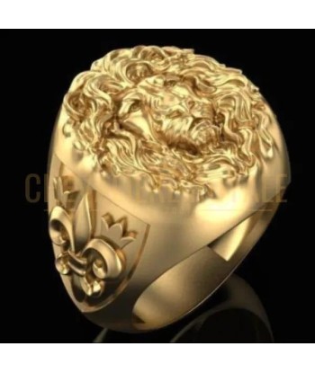 Chevalière homme argent plaqué or 14K tête de lion et fleur de lys en ligne des produits 