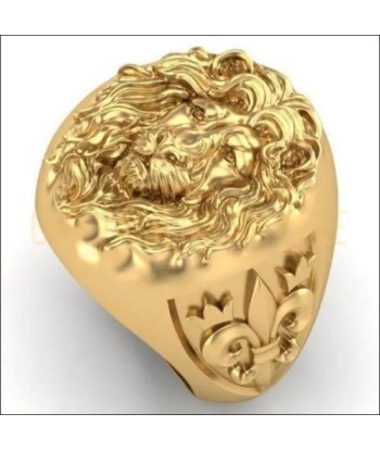 Chevalière homme argent plaqué or 14K tête de lion et fleur de lys en ligne des produits 