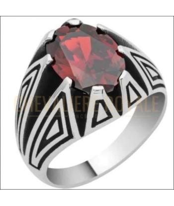 Chevalière pour homme argent pierre zircon rouge design futuriste de France