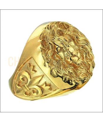 Chevalière homme argent plaqué or 14K tête de lion et fleur de lys en ligne des produits 