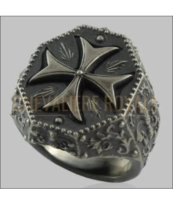 Chevalière pour homme argent antique Croix de Malte Fleur de Lis Dans la société mordern