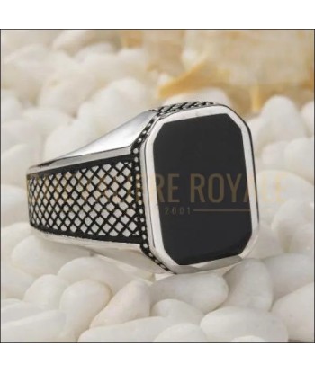 Chevalière pour hommes en argent style rétro rayé en résine noir pas cher 