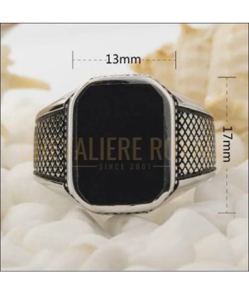 Chevalière pour hommes en argent style rétro rayé en résine noir pas cher 