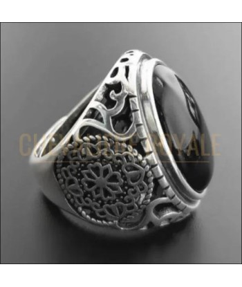 Chevalière pour homme en argent avec onyx noir vintage fleurs creuses votre restaurant rapide dans 