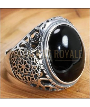 Chevalière pour homme en argent avec onyx noir vintage fleurs creuses votre restaurant rapide dans 