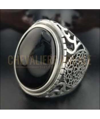 Chevalière pour homme en argent avec onyx noir vintage fleurs creuses votre restaurant rapide dans 