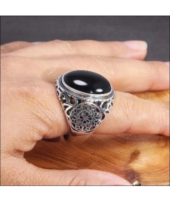 Chevalière pour homme en argent avec onyx noir vintage fleurs creuses votre restaurant rapide dans 