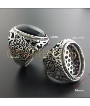 Chevalière pour homme en argent avec onyx noir vintage fleurs creuses votre restaurant rapide dans 