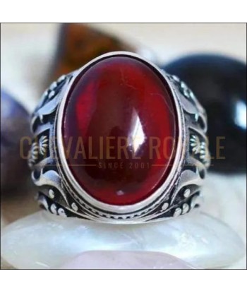 Chevalière argent homme sculpté artisanalement avec agate rouge en ligne