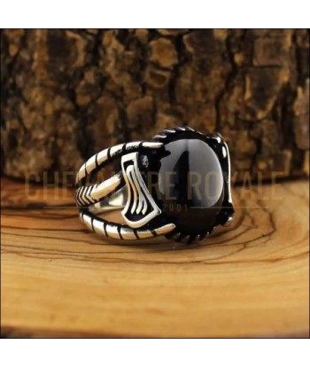 Chevalière homme argent design viking serti d'une pierre d'onyx noir Dans la société mordern