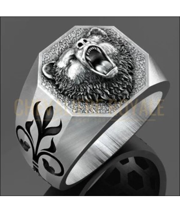 Chevalière tête d'ours en argent et fleur de lys pour homme en stock