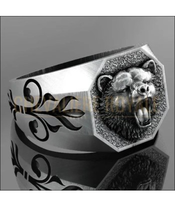 Chevalière tête d'ours en argent et fleur de lys pour homme en stock