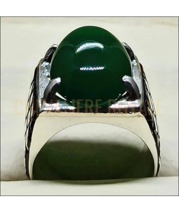 Chevalière homme en argent la pierre d'agate verte naturelle en stock